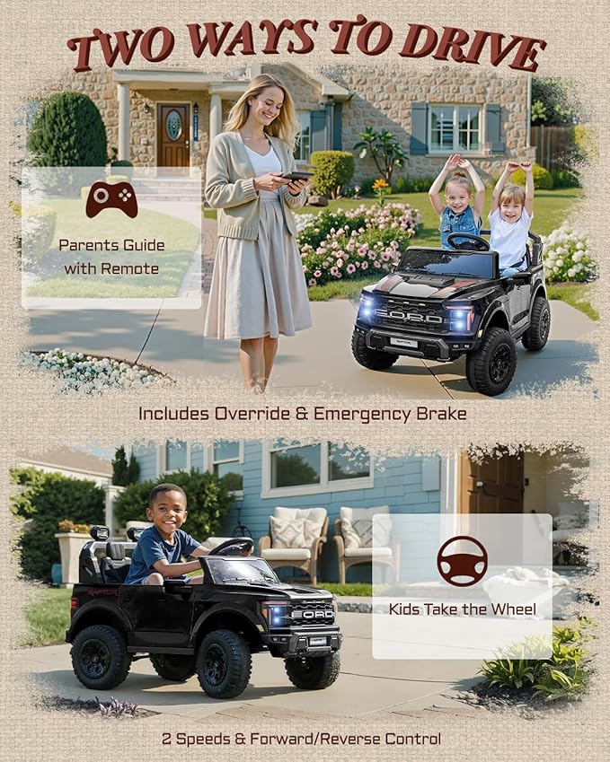 First Ride On 24V Ride on Toys for Big Kids, Licensed Ford F-150 Raptor 2 Seater Kids Ride on Car w/Remote Control, Toddler Electric Car w/LED Lights, Bluetooth, Truck Bed Storage, Soft Start (Black)