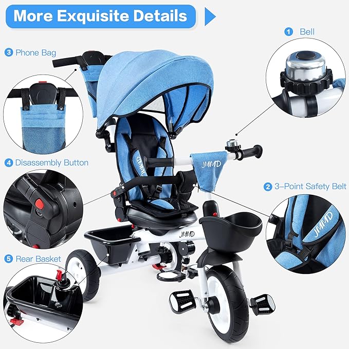JMMD Baby Trike, 6-in-1 Kids Tricycle with Adjustable Push Handle, Removable Canopy, Safety Harness for 18 Months - 5 Year Old, Blue