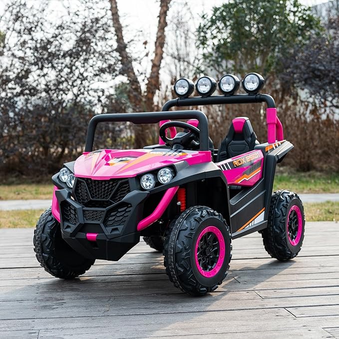 24V 2-Seater Kids Ride-On UTV, 4WD Electric Car with Parent Remote Control, 4x200W Motor, Spring Suspension, LED Headlights & Searchlights, Bluetooth Music, 3-Speed, New Edition, Magenta