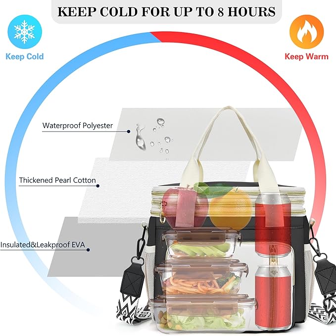 LOKASS Lunch Bag& Lunch Box for Men Women Double Deck,Large Insulated Adult Lunch Box Leakproof Lunchbox Cooler Bag for Work Picnic Beach,（Black&White）