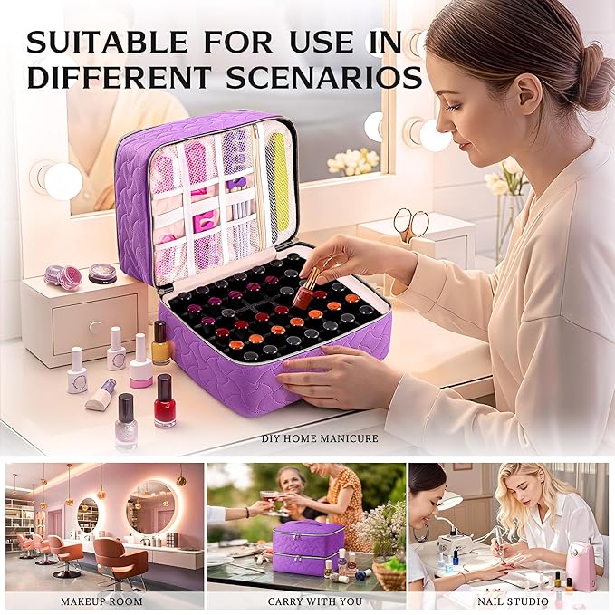 DreamGenius Nail Polish Organizer Case Holds 42 Bottles, Portable Double-Layer Nail Polish Storage Bag with Adjustable Dividers for Manicure Tools, Purple