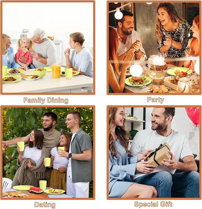 Wheat Straw Dinnerware Set 40-Piece Service for 8 Unbreakable Dishes Set Plates and Bowls Sets Drinking Glasses Microwave Safe Dish Set Lightweight Dinnerware Set for Home & Kitchen - Yellow