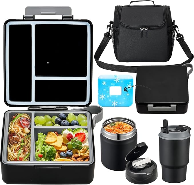 Bento Lunch Box for Kids with 17oz Soup Thermo,Insulated Tumbler Water Bottle and Insulated Lunch Bag,Leak-Proof 3 Compartment Lunch Food Container with Ice Pack for Kids to School-Black