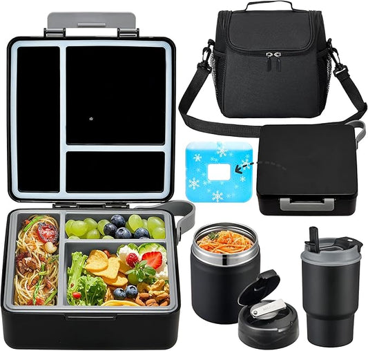 Bento Lunch Box for Kids with 17oz Soup Thermo,Insulated Tumbler Water Bottle and Insulated Lunch Bag,Leak-Proof 3 Compartment Lunch Food Container with Ice Pack for Kids to School-Black