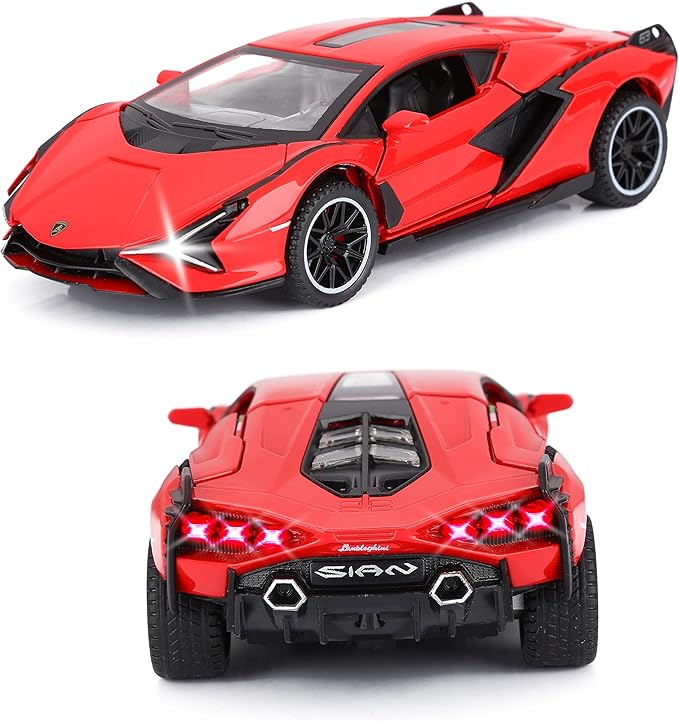 SASBSC Lamb Toy Cars for Kids Sian Diecast Metal Model Car with Light and Sound Fkp3 Pull Back Toy Car for Boys Age 3 + Year Old (Red)