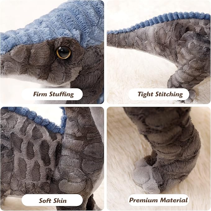 Dinosaur Plush Toy, 16" Parasaurolophus Stuffed Animal Throw Plushie Pillow Doll, Soft Grey Fluffy Friend Hugging Cushion - Present for Every Age & Occasion