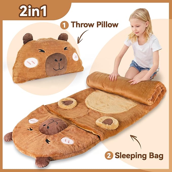 iPlay, iLearn Kid Sleeping Bag, Plush Capybara Slumber Bag, Toddler Girl Boy Nap Mat, 2 In 1 Brown Animal Pillow, Happy Travel Sleepover Daycare Preschool Birthday Gift for Age 3 4 5 6 7 8 10 12 Child