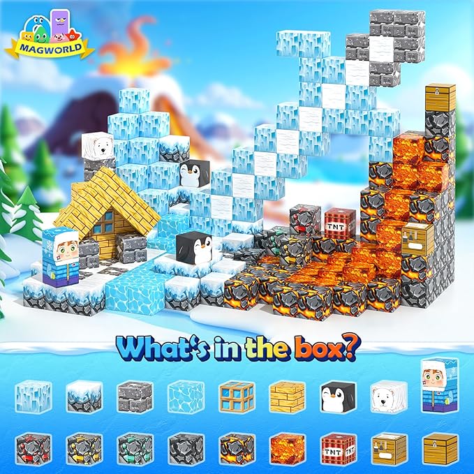 Large Magnetic Blocks 110PCS Ice Fire World Inspired Playset Kids Magnet Toys 1 inch Building Cubes Magworld Add-on Building Craft Sensory Toys Game Gifts for Kids Ages 3-5 4-6 5-7 8-12