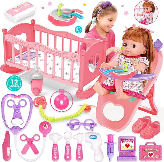 Baby Doll Toys Set, 14" Doll Toys, 25Pcs Dolls Care Toy Playset, Toddlers Toy Dolls Set Incl Cradle Crib, High Chair, Milk Bottle, Pacifier, Diaper, Baby Gift for Age 3 4 5 6+ Years Old Girls Boys