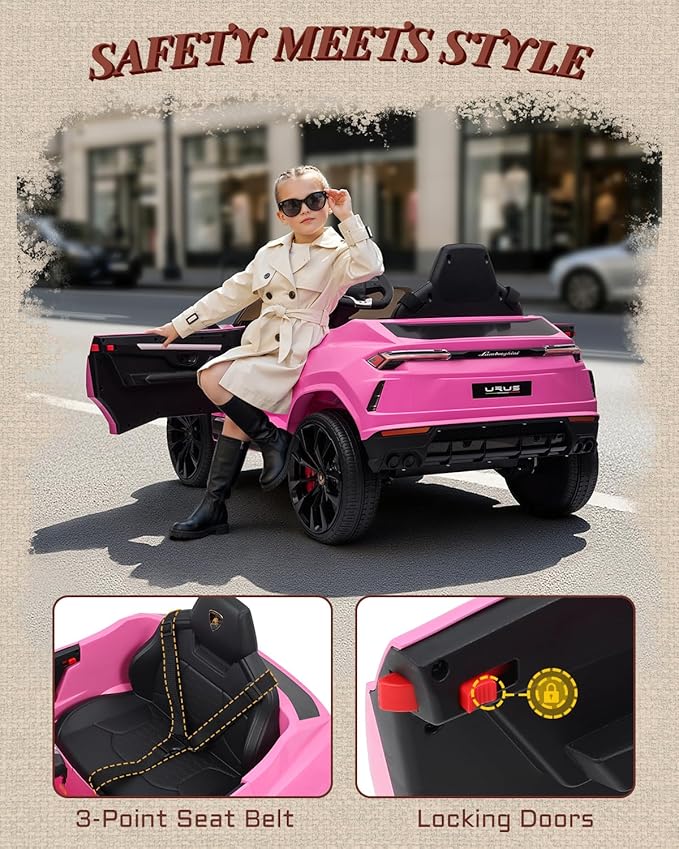 First Ride On Electric Car for Kids 12V Licensed Lamborghini Ride On Car with Remote Control, LED Lights, Music Players, Lockable Doors, Spring Suspension, Toddler Cars to Drive (Pink)