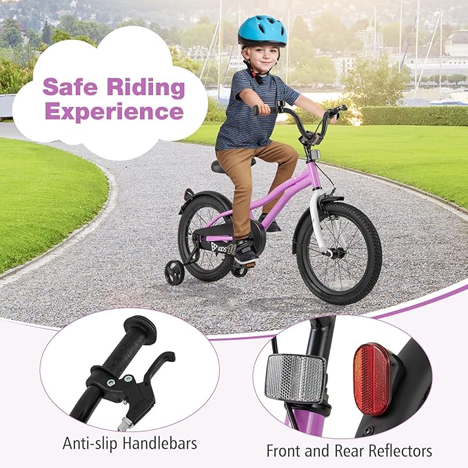 BABY JOY Kids Bike, 12 14 16 18 Inches Sporty Bicycle with Training Wheels, Adjustable Seat, Handbrake & Coaster Brake, Reflectors, Girls Boys Bike for 3-8 Years Old Children
