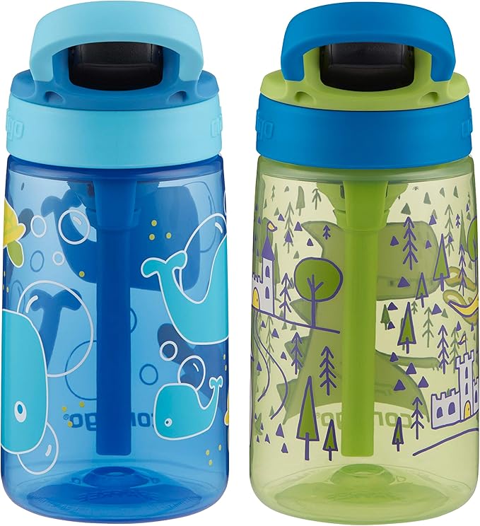 Contigo Aubrey Kids Water Bottle with Silicone Straw and Spill Proof Lid, 14oz, 2-Pack, Whales & Dragon, Blue & Green