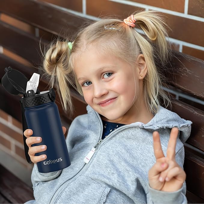 Kids Water Bottle, GOPPUS 14 Oz Stainless Steel Travel Bottle, Double Wall Vacuum Leak Proof Kids Cup for School Boys Girls, Navy Blue