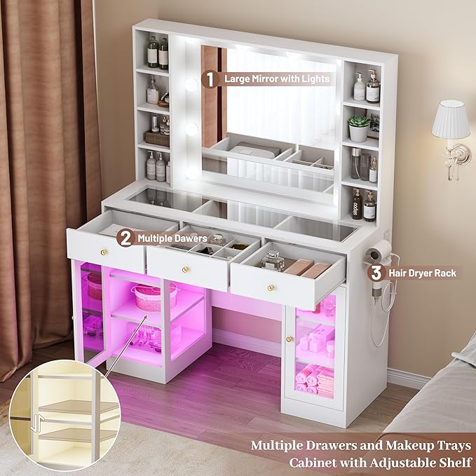 Makeup Vanity with Mirror and Lights, 43'' Wide Dressing Table with Storage Drawers, Open Shelves & Power Outlet, Vanity Desk with RGB Cabinet & Glass Top for Girls Bedroom, Living Room, White