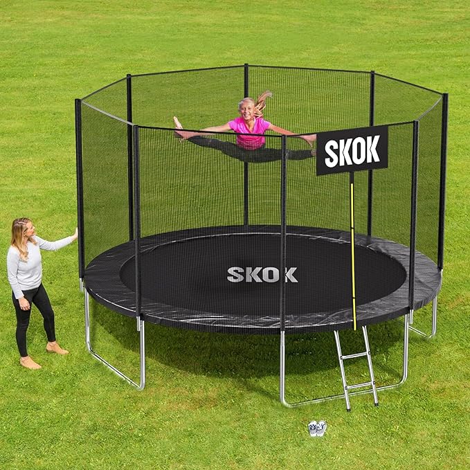SKOK Trampoline 8FT 10FT 12FT 14FT 15FT Trampolines with Enclosure Net, 400LBS Outdoor Trampolines for Kids with Basketball Hoop-ASTM Approved Trampoline for Children and Adults with Ladder