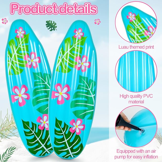 60 Inch Luau Inflatable Surfboard for Beach Inflatable Surf Board Luau Decoration Tropical Inflatable Pool Surfboard Float for Surf Hawaiian Theme Summer Sea Party