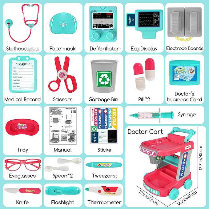 Doctor Kit for Kids, Pretend Play Medical Toy Doctor Cart, Doctor Toy for Toddlers 3-5, Christmas Birthday Costume Role Play Dress Up Gift Ideas for Boys Girls