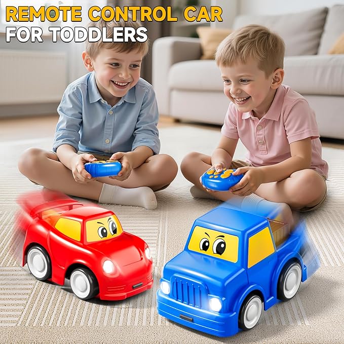 Remote Control Car 2 Year Old, Toddler RC Cars Ages 2-4 Boy, 2-Pack 2.4 GHz Truck and Race Car with Sound and Light, Easy Electrical Remote Control Toy Gifts for Boys Girls 3 4 5+ Year Old