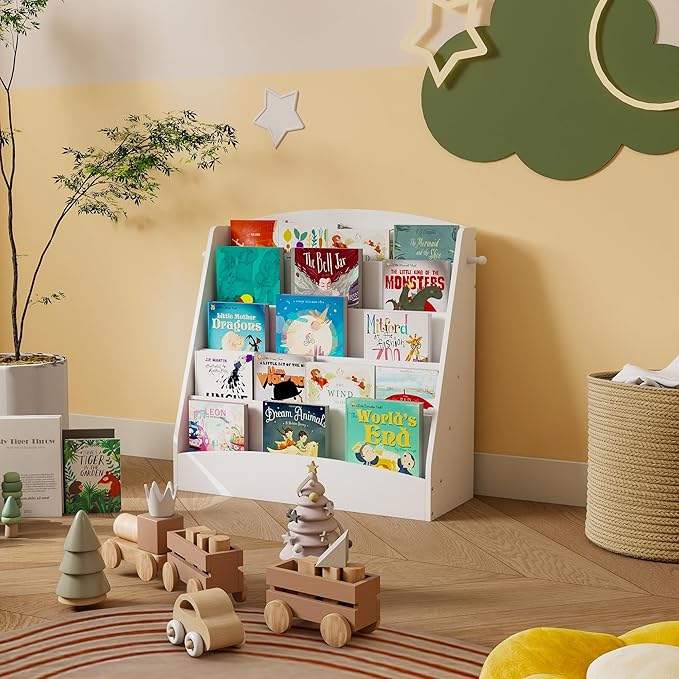 5-Tier Kids Bookshelf Montessori Toddler Book Rack Baby Bookcase Floor Front Facing Magazine Display Shelf for Bedroom Playroom Nursery Classroom Kindergarten Wood (White)