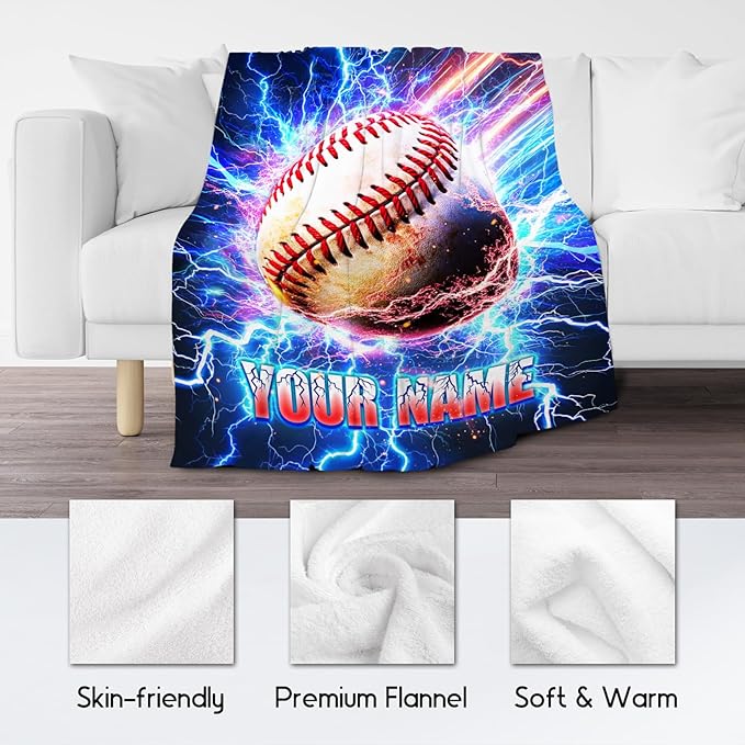 Baseball Blanket Gifts Personalized Kids Blanket for Boys - Custom Name Soft Cozy Throws for Men, Adults & Sport Lovers (4 Sizes Choose)