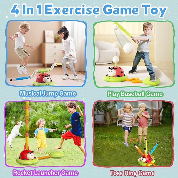 4 in 1 Musical Jump, Toss Ring Game, Baseball Toys and Stomping Launch Rocket Launcher for Kids Toys & Games with Remote, Indoor Outdoor Toys for Kids Ages 4-8 3-5 Baseball Party Favors Game Gift