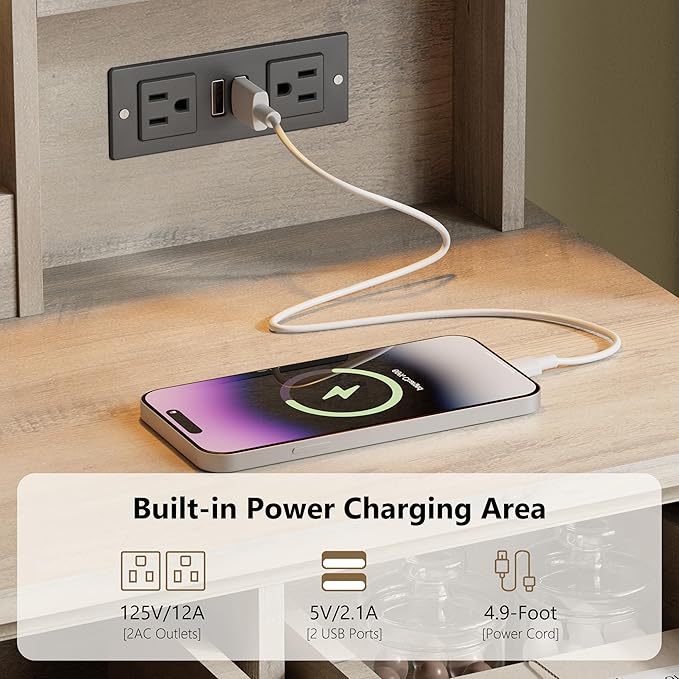 43'' Makeup Vanity with Mirror and Lights, Farmhouse Vanity Desk with Drawers & Charging Station, 3 Lighting Modes & Adjustable Brightness, Glass Cabinet, Dressing Table for Bedroom, Grey