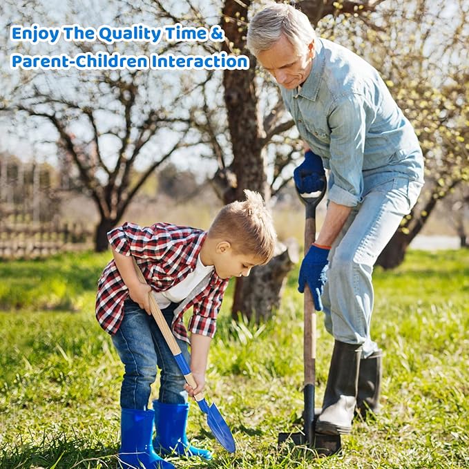 Theefun Kids Garden Tool Set: Safe Toddler Size Hoe, Rake, Shovel, Leaf Rake, Broom 5-Piece Kids Gardening Tools with Wooden Handle and Metal Head for Child Christmas Outdoor Toys Gift for Boys Girls