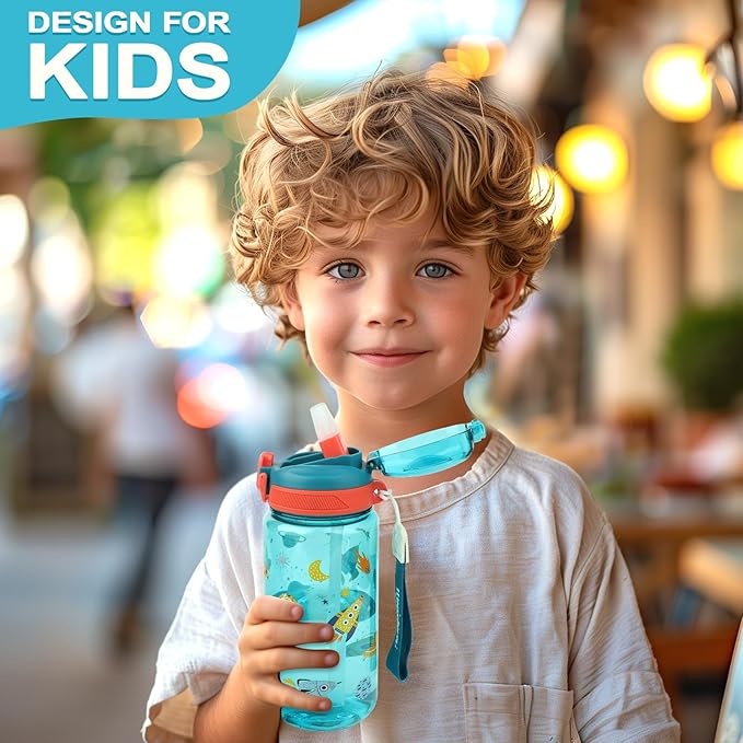 Kids Water Bottle for School or Travel, 20 Oz Durable Plastic Water Bottle with Silicone Straw and Pop-Up Spout Cover, BPA Free & Dishwasher Safe(Rocket)