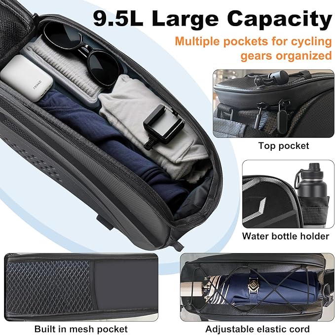 Bicycle Back Seat Bag, Double Layer Waterproof, Zipper, Bicycle Trunk Bag, 9.6L Capacity Waterproof Back Seat Carrier Cargo Bag with Straps and Rain Cover for Cycling