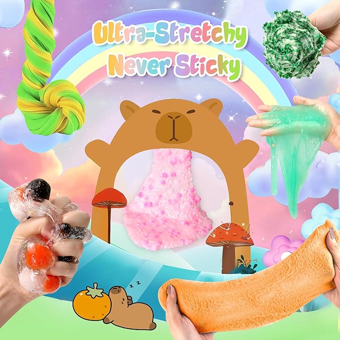 Capybara Slime Kit, 20oz Total, Slime Sensory Stress Relief Kit Includes 6 Different Texture Slimes, Glow in The Dark Slime with Cute Add-ins, ASMR, Perfect Slime Kit for Girls Ages 8-12