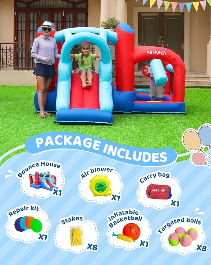 AirMyFun Inflatable Bounce House, Bouncy House with Slide,Indoor Outdoor Bounce House with Ball Pit,Basketball Hoop,Target Balls and Boxing,Inflatable Bouncer for Party