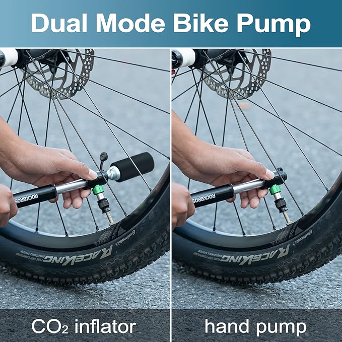 ROCKBROS Mini Bike Pump 110PSI Hand Pump and CO2 Inflator Dual Purpose Presta and Schrader Valve Compatible Bicycle Tire Pump for Road and Mountain Bikes Insulated Sleeve - No CO2 Cartridges Included