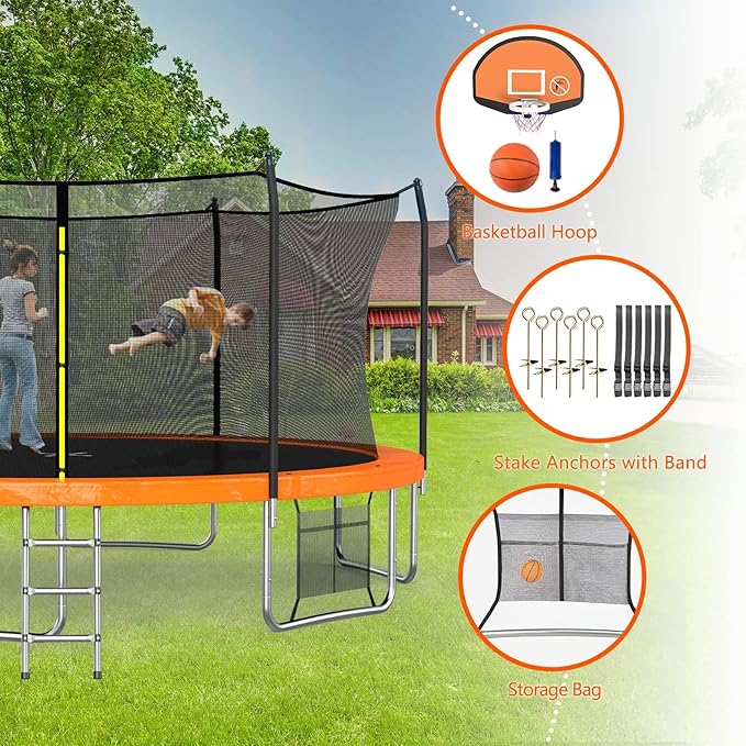 SKOK Trampoline 8FT 10FT 12FT 14FT 15FT Trampolines with Enclosure Net, 400LBS Outdoor Trampolines for Kids with Basketball Hoop-ASTM Approved Trampoline for Children and Adults with Ladder