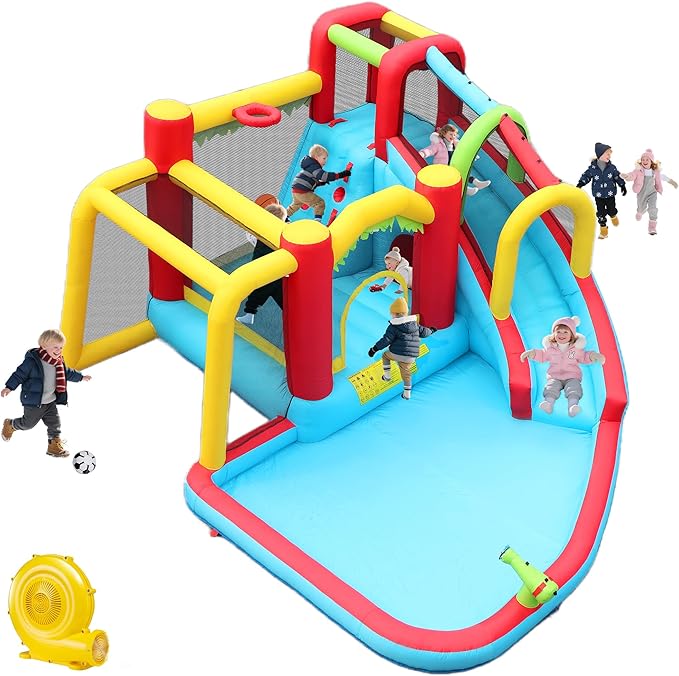 Inflatable Bounce House for Kids, Jumping Castle, Long Slide, Basketball, Funny Tunnel, Soccer, Climbing Wall, Kids Jumper Included Blower