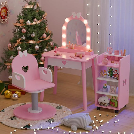 Kids Vanity Set with Light and Barber Chair, Pink Makeup Dressing Vanity Table with Storage Shelf and Hair Salon Play Set 7 pcs Accessories, Pretend Play Vanity Set for Toddler Girls