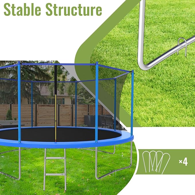 10FT/12FT/14FT Trampoline for Kids and Adults - Outdoor Trampoline with Safety Net - Anti Rust - ASTM Approved - Blue