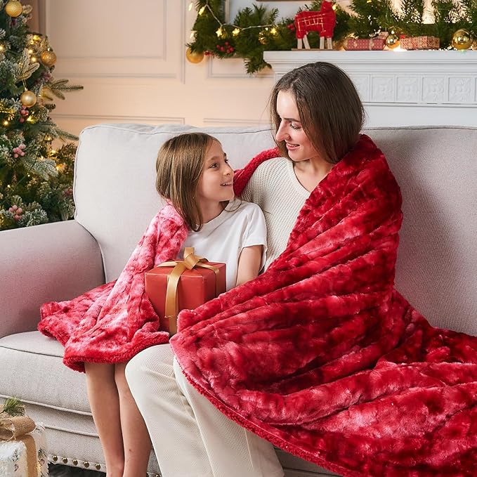 NEWCOSPLAY Super Soft Faux Fur Throw Blanket for Couch Tie-dye Red Sherpa Fuzzy Plush Warm Blanket for Sofa Bed (Tie-dye Red, Throw(40"x50"))