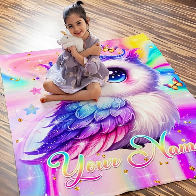 Personalized Blanket for Girls, Custom Throw Blanket Gift for Kids Teens, Owl Stuff for Animals Lovers, 80"x60" Flannel Blankets for Couch Sofa Bed