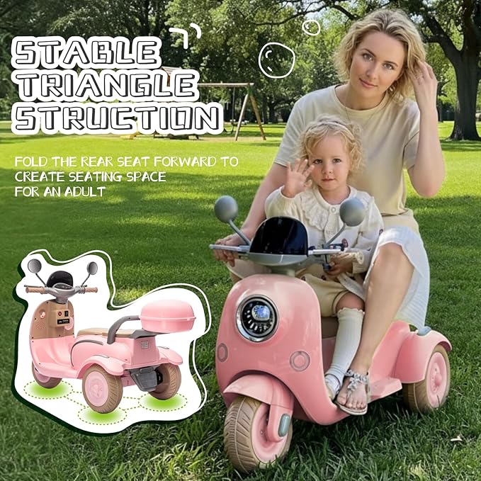 HEIMILI Kids Electric Motorcycle,Electric Scooter for 3 Year Old, Girls Toy, 3-Wheel 12V Ride On Scooter for Kids with Storage Compartments, Motorcycle for Girls (Pink)