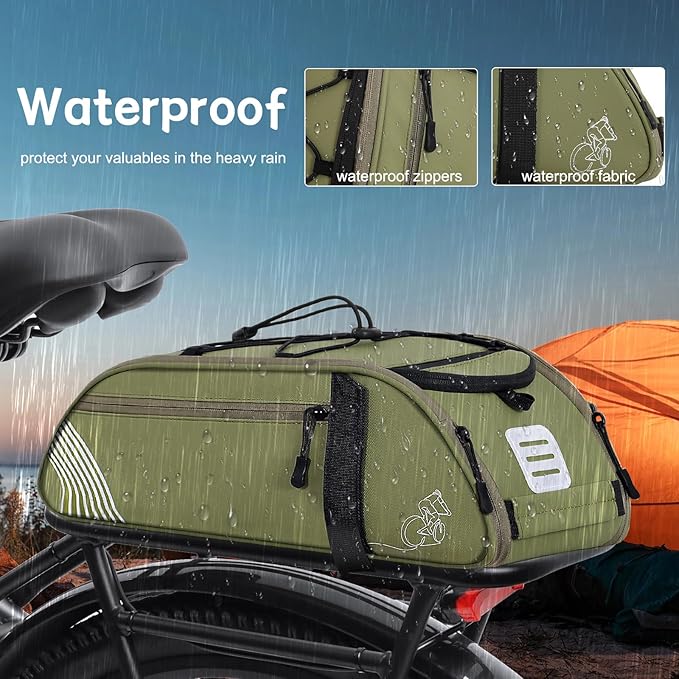 YEEGO DIRECT Bike Rack Bag, 14L Expandable Capacity Bike Bags for Bicycles Rear Rack,Waterproof Bike Trunk Panniers Reflective Design, Crossbody Shoulder Bag for Commuting Outings(Green)