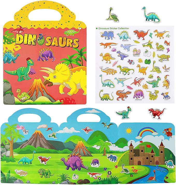 Reusable Sticker Books for Kids, Travel Removable Toddler Dinosaur Sticker Books for 3 4 5 Year Old Girls Boys Birthday Gifts Educational Learning Toys