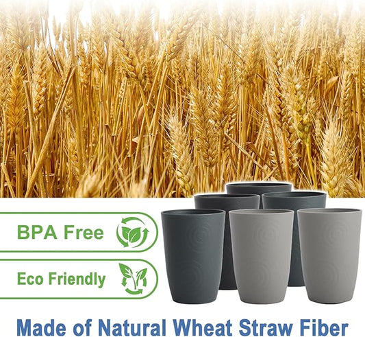Wheat Straw Cups 6 PCS - 16 OZ Drinking Glasses, Unbreakable Drinking Cup, Water Tumbler for Kitchen, Alternative to Plastic Cups Reusable Microwave and Dishwasher Safe (Black, Grey)