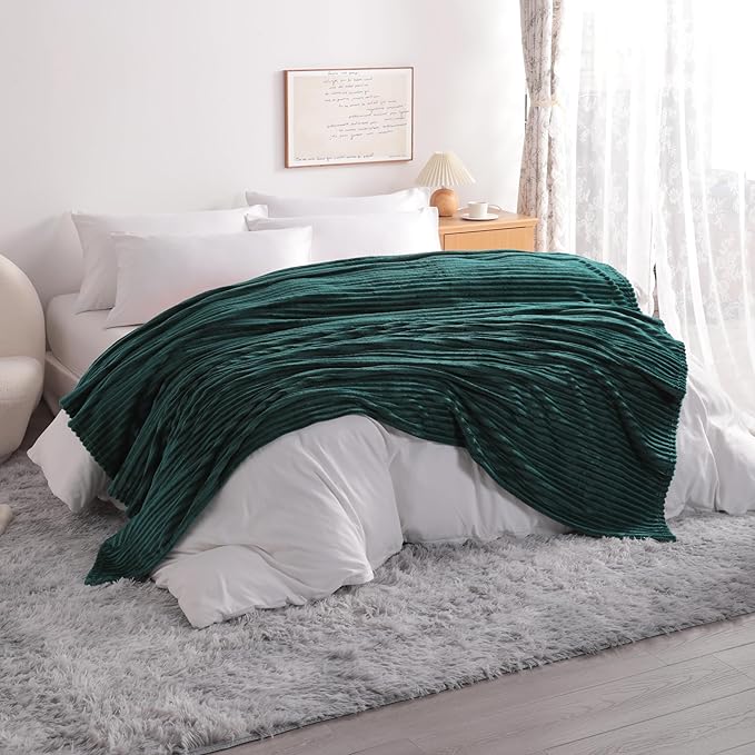 NTBAY Plush Flannel Twin Bed Blanket, 60x80 Inches Soft and Warm Lightweight Bed Blanket with Striped Texture for Couch, Sofa, All Seasons, Dark Green
