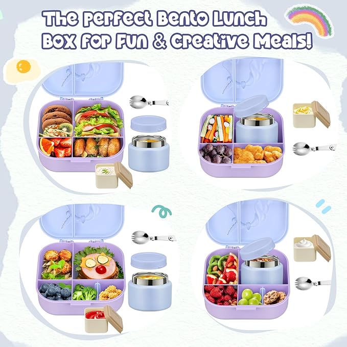 Kids Lunch Box Set -12oz Insulated Food Jar, Thermal Bag,Leakproof Lunch Food Containers Cutlery (BPA Free)-Gift for Girls/Boys Age 3-10(Blue+Blue Jar)