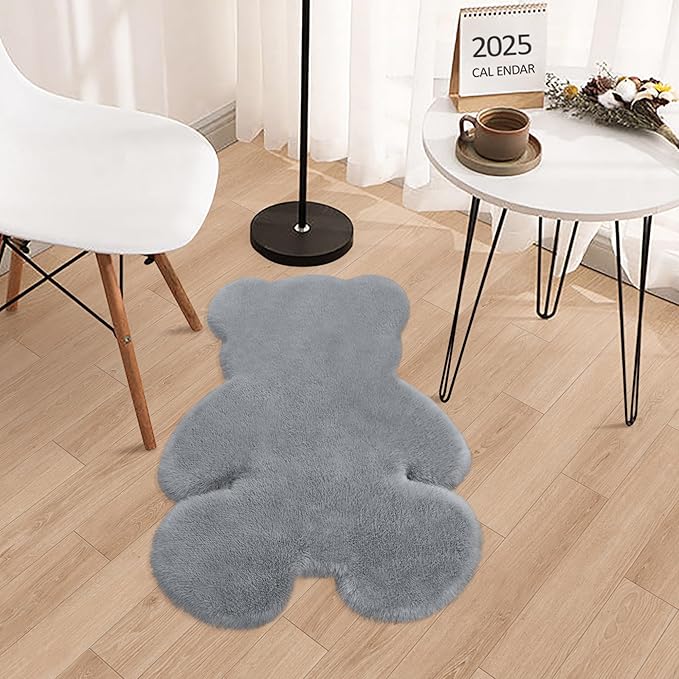 2ft Grey Small Bear Shag Rug, Soft Fluffy Faux Sheepskin Fur Rug Fuzzy Shaggy Area Rug Cute Plush Carpet for Nursery Kids Girls Bedroom Room Aesthetic Living Room Floor Home Decor, Grey