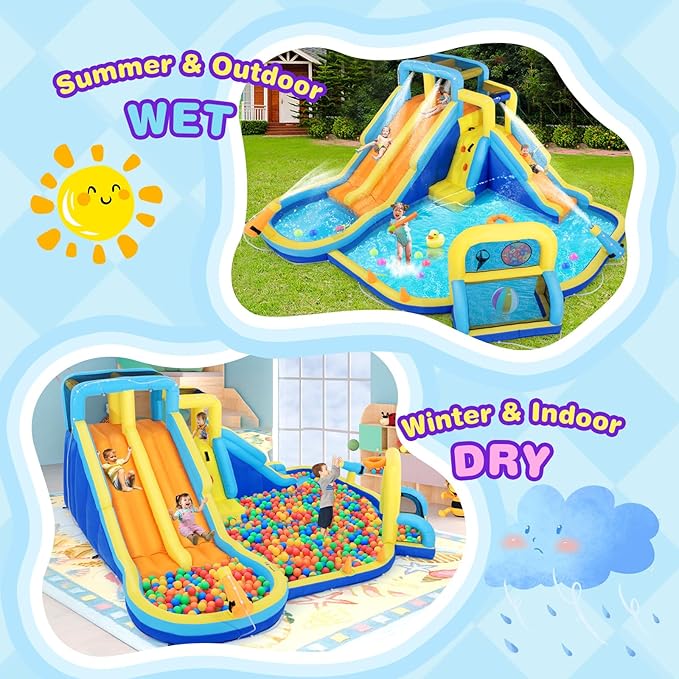 JOYLDIAS Inflatable Water Slide,Water Park Bounce House,Three Slide Bouncer Castle Playhouse w/Splash Pool, Climbing Wall, Felt Ball Target, Ring Toss Game, Goal for Kids Outdoor Fun, 680W Air Blower