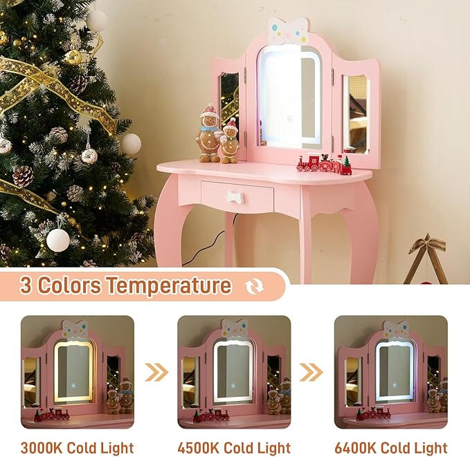 Kids Vanity Table and Chair Set, Girls Vanity Set with Mirror & 3-Color LED Lights, Pretend Play Kids Vanity with Drawer & Cute Bow Print, Makeup Dressing Princess Table for Girls, Pink