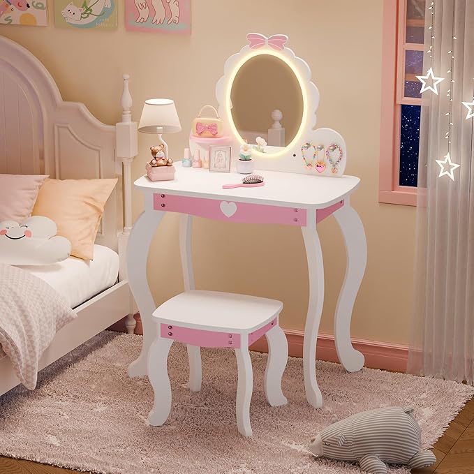 MU Kids Vanity Set with Lighted Mirror and Stool, Kids Makeup Vanity Desk with Storage Space, Bow Pattern for Little Girls, Toddler Princess Makeup Dressing Table with Chair Set, White