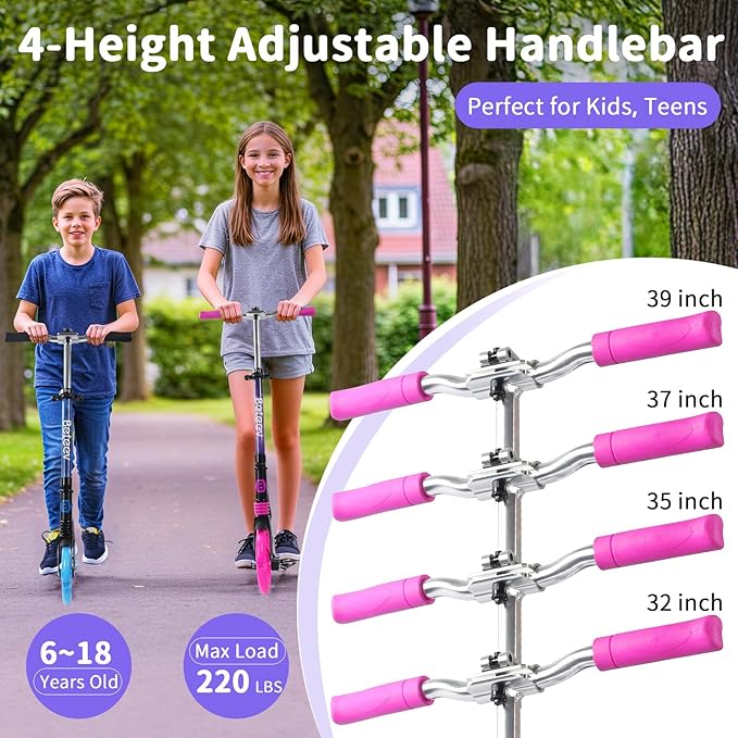 BELEEV V5 Plus Scooters for Kids Ages 6+, Teens with Light-Up Wheels & Deck, 2 Wheel Folding Lightweight Sport Scooter with 4 Adjustable Height, 8-inch Big Wheels, Carry Strap, Max Load 220 lbs