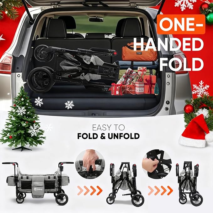 Sekey Wagon Stroller for 2 Kids, Luxury 4-in-1 Stroller Wagon - Premium Quality with Convertible Seats, Adjustable Push Handles, Removable Canopy, Snack Tray & Cooler, US Certified. Gray